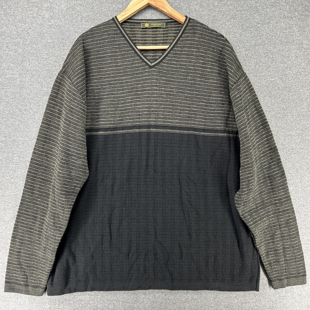 Principe Mens XL Wool Blend V Neck Sweater Made in Italy Striped Colorblock Gray